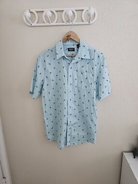 Chaps Light Blue Short-Sleeve Button-Down with Navy Print